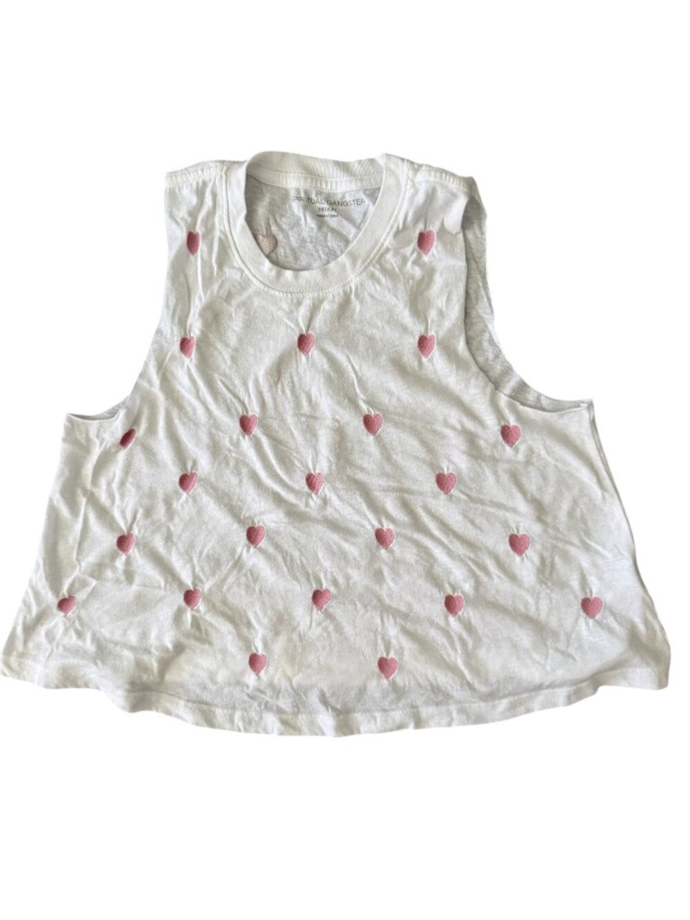 Spiritual Gangster Flowy White Muscle Tank- Embroidered Pink Hearts- Cropped- M